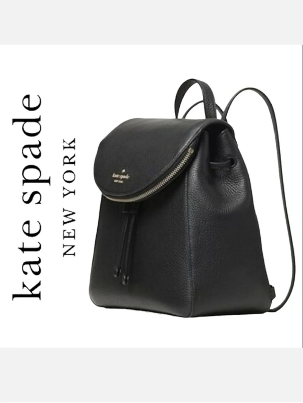 Kate Spade Leila Black Pebbled Leather Flap Backpack NWT